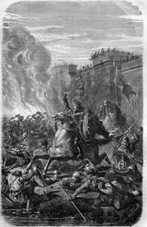 Invasion and looting of Rome by Alaric I, King of the Visigoths in 410. Engraving in "Histoire des Papes-Rois-Queen and Empereurs a travers les centuries" by Maurice Lachatre