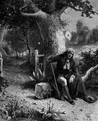 Isaac Newton (1642-1727), English mathematician and astronomer, discovering the notion of earth gravity through an apple falling from an apple tree of Woolsthorpe