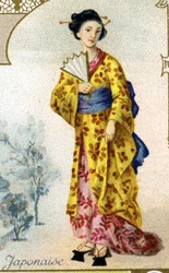 Japanese Woman. Series of 25 Advertising Chromos for the Dijon Manufacture of Biscuits Pernot, created in 1869. Detail of the Characters in Traditional Costume