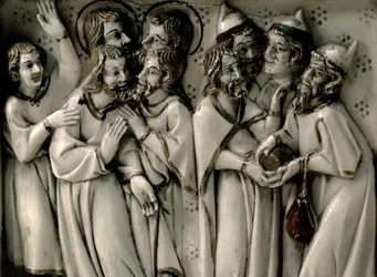 Judas receiving thirty pieces of silver, detail of ivory diptych, French