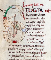 Jugglers and musicians - lettrine S (initial). Miniature from the manuscript Moralia in Job, Morales sur Job by Saint Gregoire, from the citeaux abbey