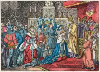 King Charles VII (1403-1461) receives the crown in the Cathedral of Reims on 17/07/1429 in the presence of Joan of Arc (1412-1431) - Joan of Arc takes part in the coronation ceremony of Charles VII in Reims on 17 July 1429 - Engraving of the end of the 19t