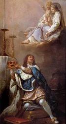 King Louis XIII offering his crown to the Virgin. Painting of the French School. 17th century. Versailles. Church of Our Lady of Versailles