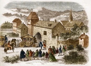 King Louis XIV (1638-1715) visiting Melle de Fontanges (1661-1681) at Port Royal around 1680. Engraving in 