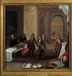 King Louis XV (1710-1774) child receiving a lesson in the presence of Cardinal Fleury and Regent Philip II Duke of Orleans (1674-1723). Anonymous painting of the 18th century