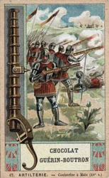 Knight manoeuvring a hand coulevrine from the 15th century (Chromolithography of the 19th century of Guérin-Boutron chocolates)