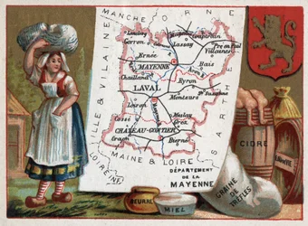 La Mayenne, Pays de la Loire, France. Peasant, butter, honey, treffle seeds, cider and brandy. Series on the French Departments. Chromolithography the geographic thread, circa 1920. Private collection