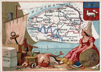 La Seine Inferieure, now Seine Maritime, Haute Normandy, France. Local specialities: cotton, cider, saur herring. Portrait of Pierre Corneille, French playwright. Series on the French Departments. Chromolithography around 1890