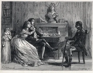 The Terror during the French Revolution: Camille Desmoulins (1760-1794), imprisoned, received the visit of his wife Lucile (1770-1794) and Marshal Guillaume Brune (1763-1815)