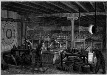 La salle des piles (surface 400 square meters) of the central office of telegraphs in Paris. Engraving in 