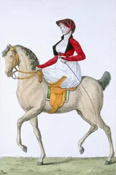 Lady riding sidesaddle, from Costumes Parisien, published in Journal des Dames et des Modes, 1798