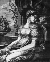 Lais, originally from Sicily, was captured and taken as a slave to Corinth. She became the mistress of Aristippe, Demosthenes and Diogenes the Cynic. Engraving in 
