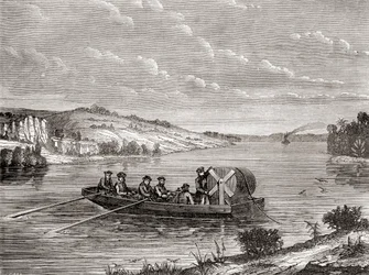Laying a telegraph cable under an American river c.1860, from Les Merveilles de la Science, published c.1870 (engraving)