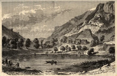 Le Lauzet-Ubaye - Le lac du Lauzet - commune in the Alpes-de-Haute-Provence department in southeastern France - engraving in 