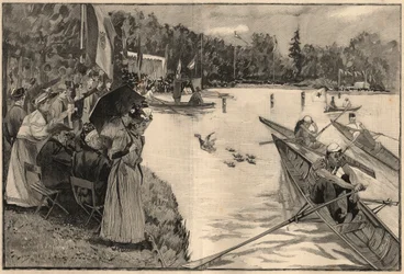 Le Lendit de Paris: school regates at the grand lac du bois de Boulogne - Engraving from 1894 after the drawing by Mr Lunel