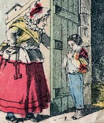 Le Pere Fouettard, French character for the whipping father, legendary figure of folklore punishing the naughty children: his wife, La Mere Fouettard the whipping mother, who delivers repented children - Epinal picture