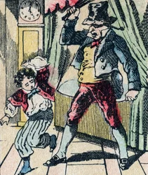 Le Pere Fouettard legendary character of folklore, punishing unwise children with his whip, and enclosing disobedient children, image of Epinal