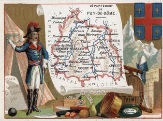 Le Puy Du Dome, Auvergne, France. Portrait of Louis Charles Antoine Desaix (1768-1800), cutlery, wine, apricot compote. Series on the French Departments. Chromolithography 