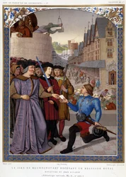 Le Sire de Rochechouart receiving a royal messenger. after Fouquet, in 