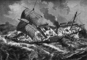 The "Vauban", French cuirass, loses its mast during a storm