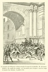 The Marquis de Pellepont trying to rescue the major of the Bastille, M de Losme-Salbray, from the hands of the people, is himself about to expire under the blows of an axe-wielding madman, July 14, 1789