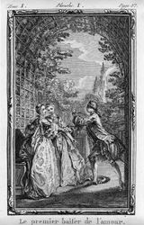 The first kiss of love Illustration of Julie or La Nouvelle Heloise by Jean Jacques Rousseau ed. 1769