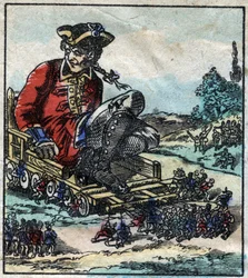 Lemuel Gulliver, a prisoner is transported on a cart pulled by the Lilliputians. Illustration for 