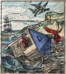 Lemuel Gulliver is in his house in the land of the giants of Brobdingnag. Illustration for 