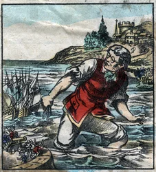 Lemuel Gulliver fired the ships from the Blefuscu army to the capital port of Lilliput. Illustration for "Gulliver