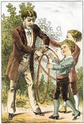 Leon and Lucien learned well to read and became little scientists - their parents to reward them bought pretty hoops - in “Alphabet des petits savants”, late 19th century (chromolithograph)