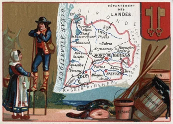 Les Landes, Aquitaine, France. Series on the French Departments. Local speciality: tar and wine resin. Shepherd of the Landes. Chromolithography the geographic thread, circa 1920. Private collection