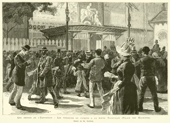 The Surroundings of the Exhibition, Ticket Sellers at the Tourville Gate, Palace of Machines, Drawing by M Guilliod