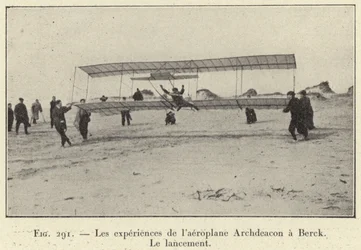 Experiments of the Archdeacon Aeroplane at Berck, The Launch (engraving)