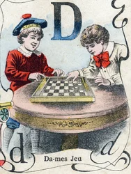 Letter D: Checkers game. Engraving in "ABC des joux pour petits boys". Late 19th century