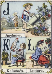 Letter J, K and L: Gardener, Kakatoes and Reading. Recreative Alphabet. Epinal Imaging, circa 1880