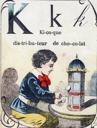 Letter K: chocolate dispenser kiosk. Engraving in "ABC des joux pour petits boys". Late 19th century