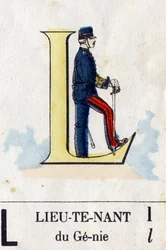 Letter L as lieutenant. Military alphabet. Imaging of Epinal, circa 1870-1880. Stencil-coloured woodcuts