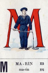 Letter M as sailor. Military alphabet. Imaging of Epinal, circa 1870-1880. Stencil-coloured woodcuts