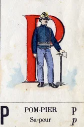 Letter P as firefighter. Military alphabet. Imaging of Epinal, circa 1870-1880