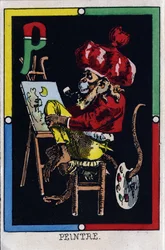Letter P as painter. Alphabet of monkeys. Wood engraving. Imaging of Epinal