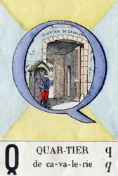 Letter Q as a neighborhood. Military alphabet. Imaging of Epinal, circa 1870-1880. Stencil-coloured woodcuts