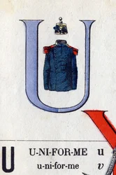 Letter U as uniform. Military alphabet. Imaging of Epinal, circa 1870-1880. Stencil-coloured woodcuts