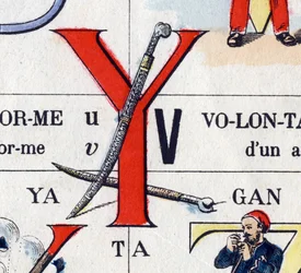 Letter Y as yatagan. Military alphabet. Imaging of Epinal, circa 1870-1880. Stencil-coloured woodcuts