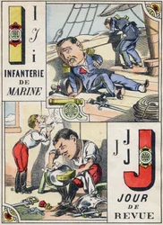 Letters I and J: Marine Infantry and Review Day. Engraving in "Comic Military Alphabet". Fifth Series. Epinal Imaging, late 19th century