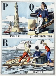 Letters P as Lighthouse, letter Q as Quartier Maitre, letter R as Raft. Navy abecedary. Epinal image