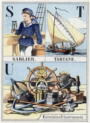 Letters S as hourglass, letter T as tartane, letter U as utensils and instruments. Navy abecedary. Epinal image