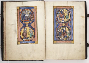 Lewis Psalter ff.8v-9r, Presentation in the Temple, and the Three Temptations of Christ, c.1225-40