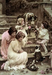 Little children playing with dogs