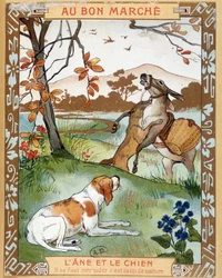 The Donkey and the Dog, fable by La Fontaine - Bon Marché advertising label