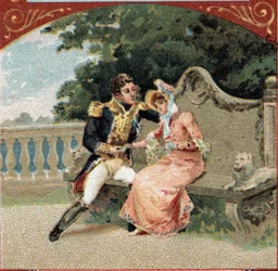 Louis Alexandre Berthier (1753-1815), Prince of Wagram, with Madame Visconti, his mistress, at the Chateau de Grosbois. Chromolithography of the late 19th century